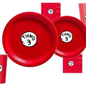 Custom 60 piece Thing 3 Birthday dinnerware Party Plates, cups and napkins: Red
